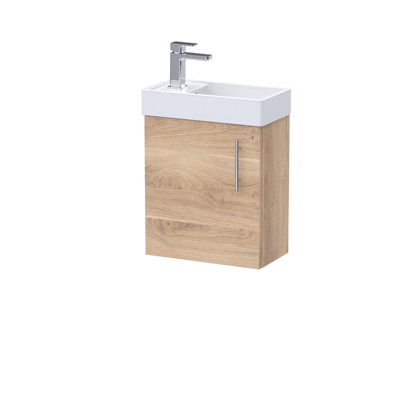 Nuie Vault 400mm wall hung 1 door compact vanity unit with basin in Bleached Oak