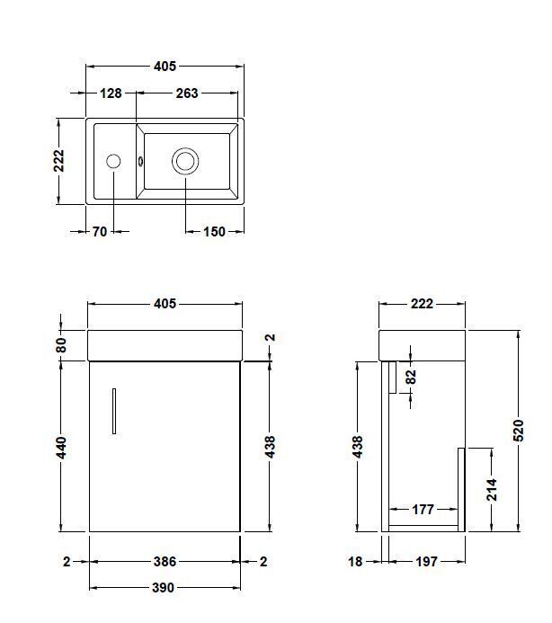 Nuie Vault 400mm wall hung vanity unit in Charcoal Black - dimensioned line drawing