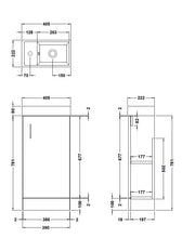 Nuie Vault 400mm wall hung vanity unit in Gloss Grey - dimensioned line drawing