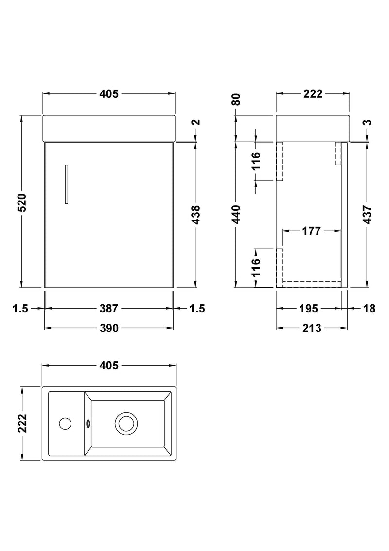 Nuie Vault 400mm wall hung vanity unit in Gloss White - dimensioned line drawing