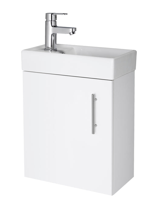 Nuie Vault 400mm wall hung 1 door compact vanity unit with basin in Gloss White