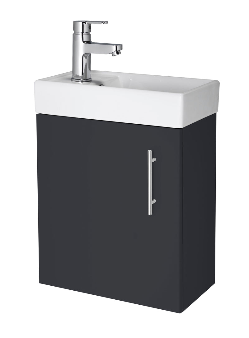 Nuie Vault 400mm wall hung 1 door compact vanity unit with basin in Soft Black