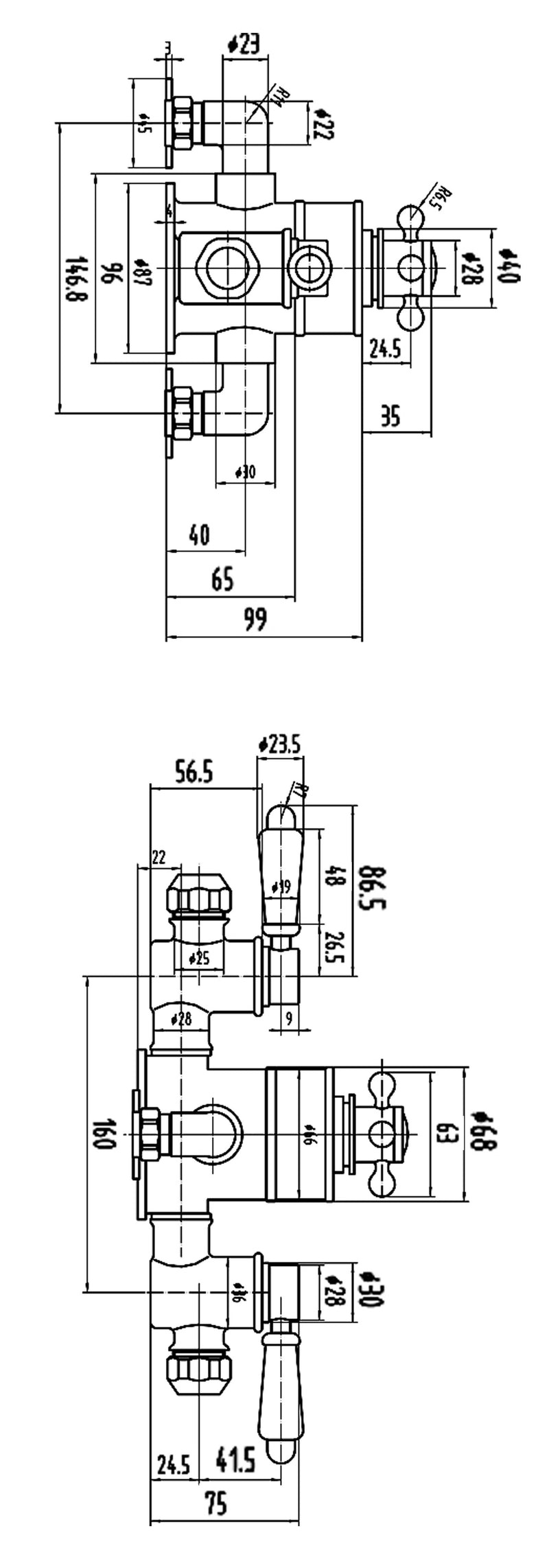 Nuie Victorian Chrome Triple Thermostatic Exposed Shower Valve dimensions line drawing
