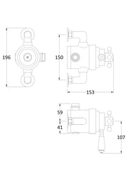 Nuie Victorian Chrome Dual Thermostatic Exposed Shower Valve dimensions line drawing