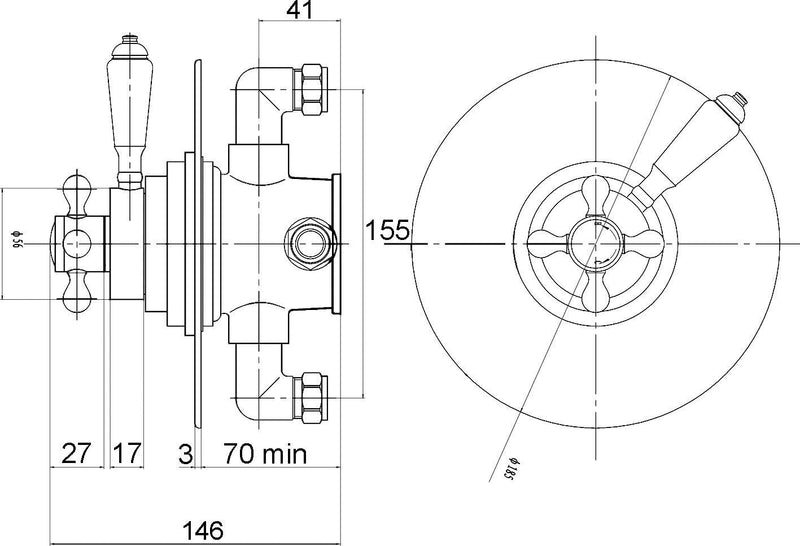 Nuie Victorian Chrome Dual Thermostatic Concealed Shower Valve dimensions line drawing