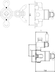 Nuie Victorian Chrome Twin Thermostatic Exposed Shower Valve dimensions line drawing