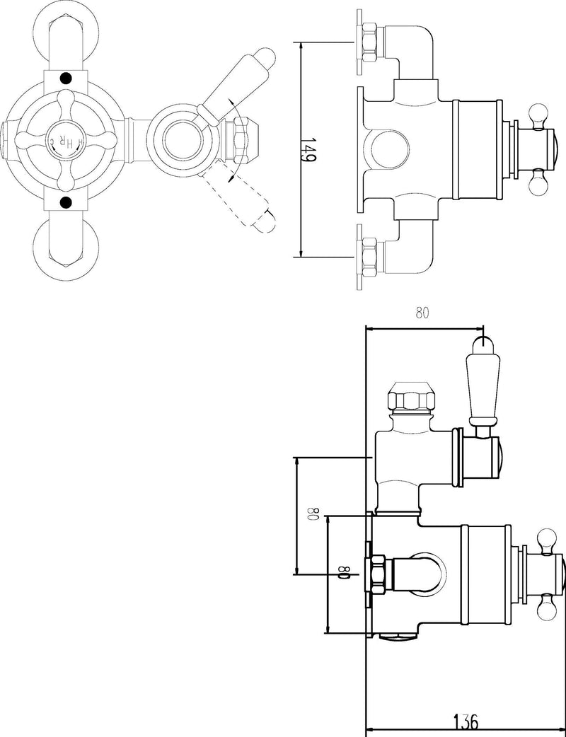 Nuie Victorian Chrome Twin Thermostatic Exposed Shower Valve dimensions line drawing