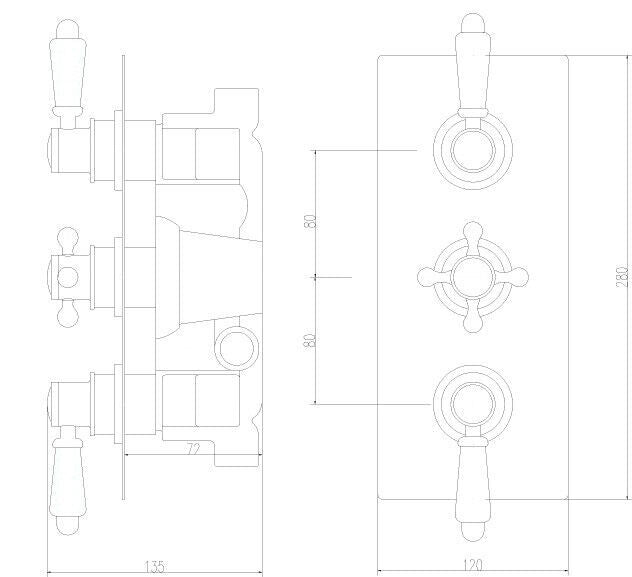 Nuie Victorian Chrome Triple Thermostatic Concealed Shower Valve dimensions line drawing