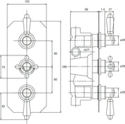 Nuie Victorian Chrome Triple Thermostatic Concealed Shower Valve dimensions line drawing