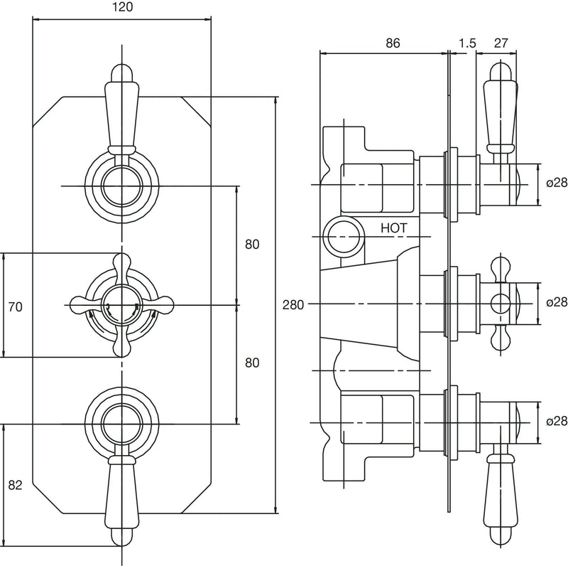 Nuie Victorian Chrome Triple Thermostatic Concealed Shower Valve dimensions line drawing