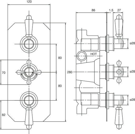 Nuie Victorian Chrome Triple Thermostatic Concealed Shower Valve dimensions line drawing