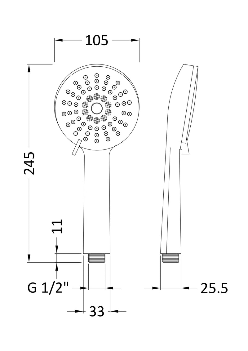 Nuie Water Saving Multifunction Shower Handset Kit Chrome (HS002) line drawing
