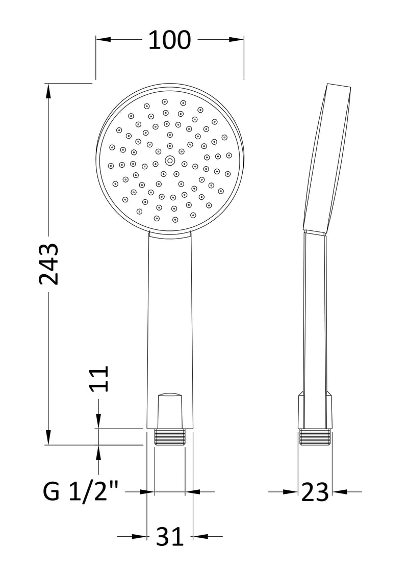 Nuie Water Saving Shower Handset Kit Chrome (HS001) line drawing
