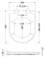 Nuie White D-Shaped Soft Close Toilet Seat with Quick Release Hinge (NTS004) line drawing
