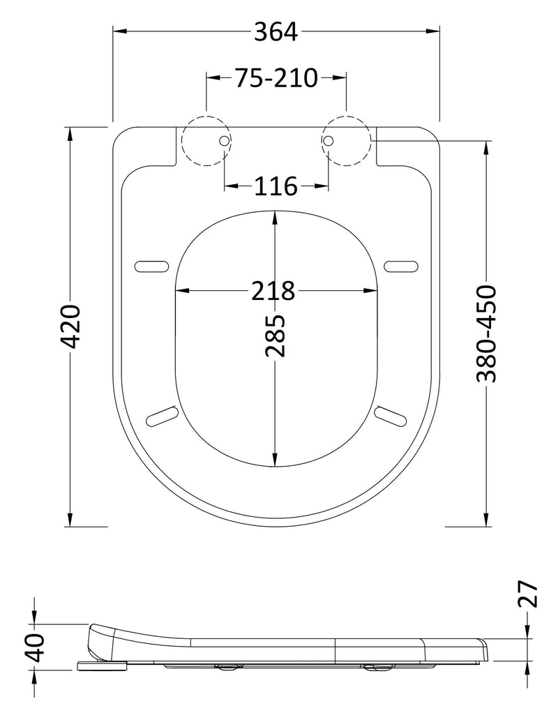 Nuie White D-Shaped Soft Close Toilet Seat with Quick Release Hinge (NTS004) line drawing
