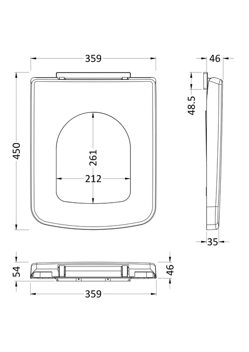 Nuie White D-Shaped Soft Close Toilet Seat with Top Fix Hinge (NCH196) line drawing