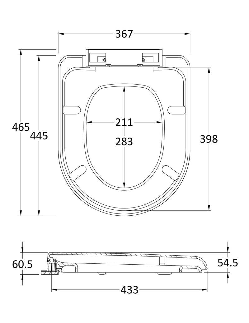 Nuie White D-Shaped Soft Close Toilet Seat with Top Fix Hinge (NTS002) line drawing