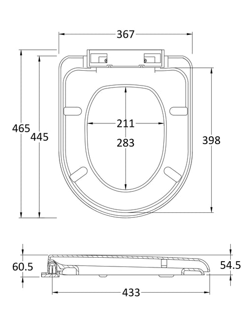 Nuie White D-Shaped Soft Close Toilet Seat with Top Fix Hinge (NTS002) line drawing