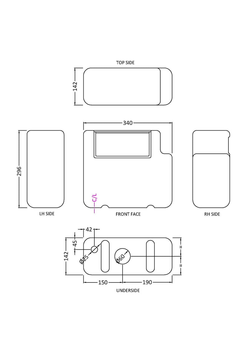 Nuie White Dual Flush Bottom Inlet Concealed Cistern dimensioned line drawing