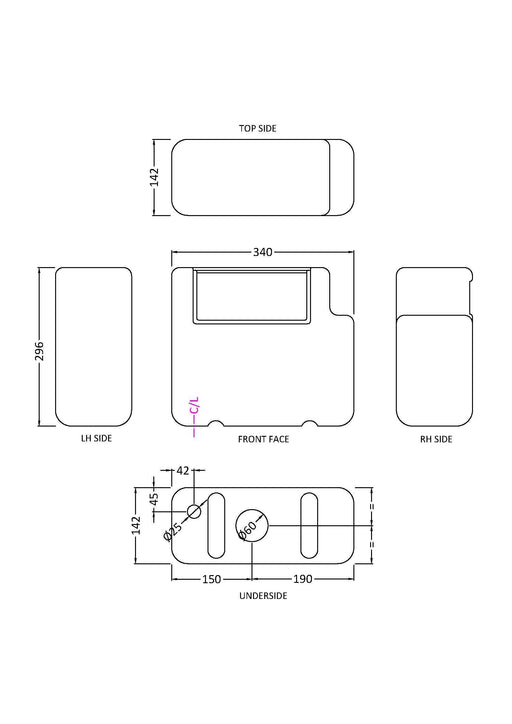 Nuie White Dual Flush Bottom Inlet Concealed Cistern dimensioned line drawing