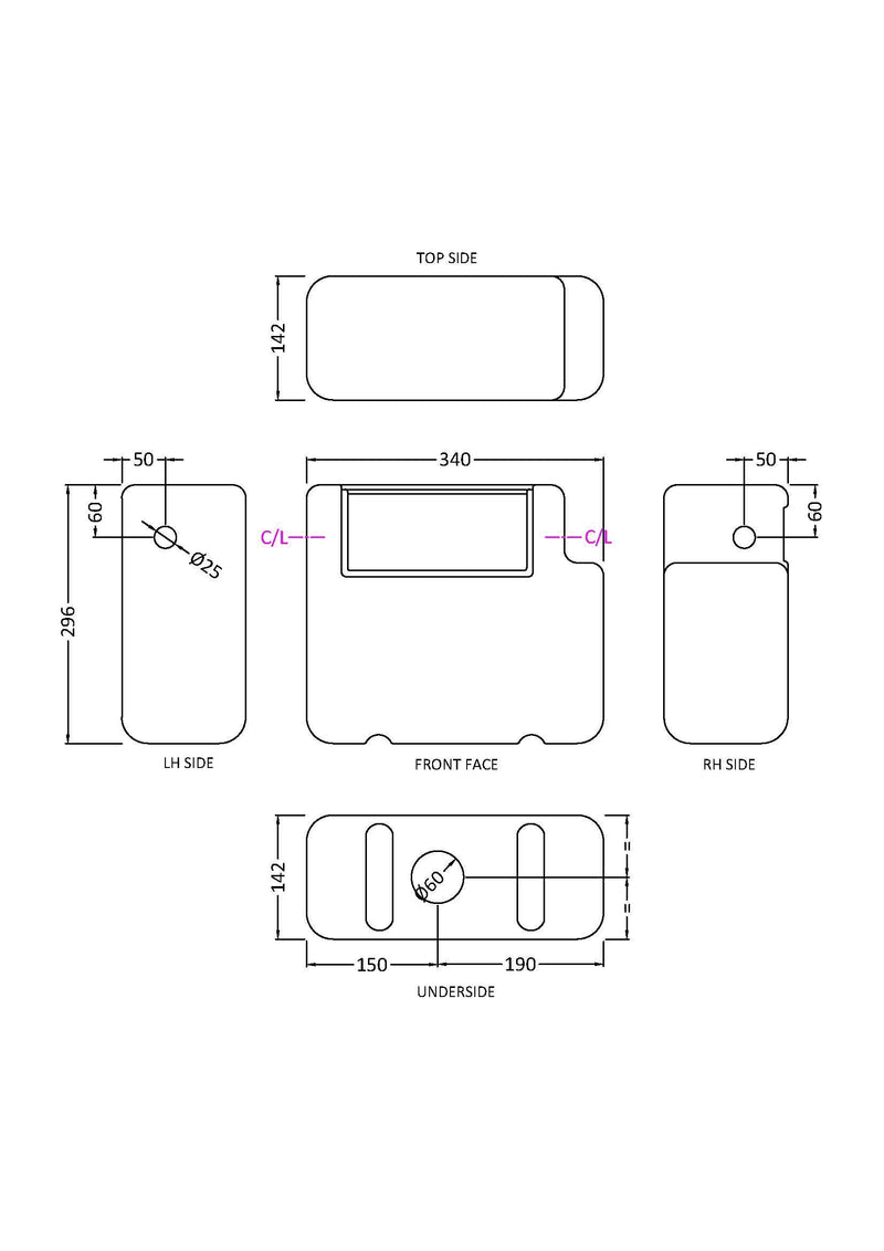 Nuie White Dual Flush Side Inlet Concealed Cistern dimensioned line drawing