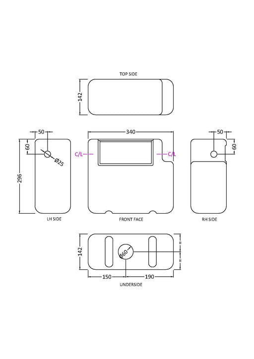Nuie White Dual Flush Side Inlet Concealed Cistern dimensioned line drawing