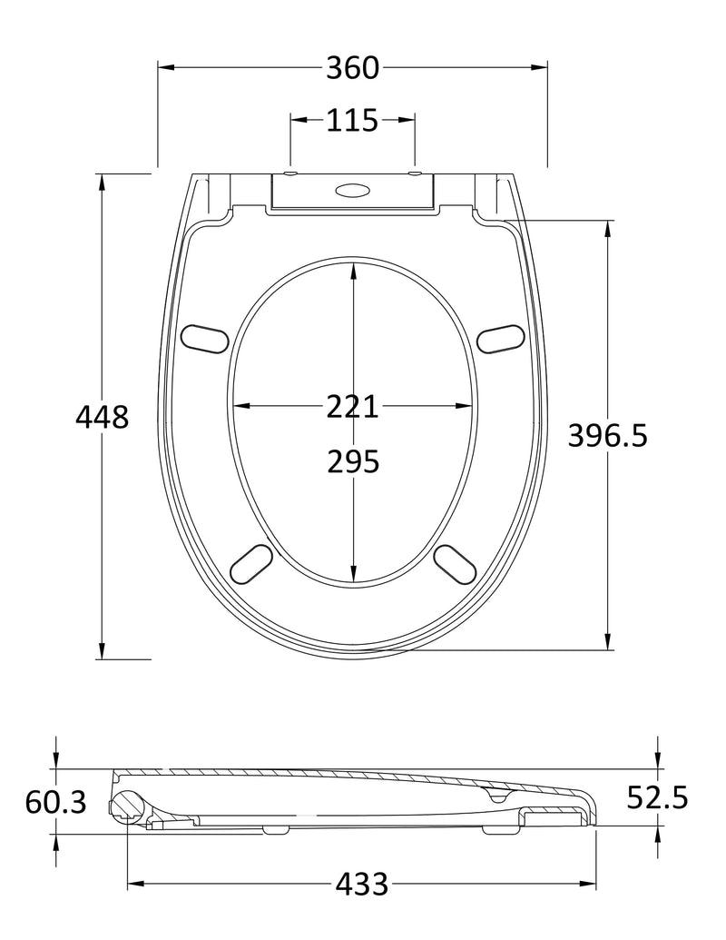 Nuie White Round Soft Close Toilet Seat with Quick Release Hinge (NTS006) line drawing