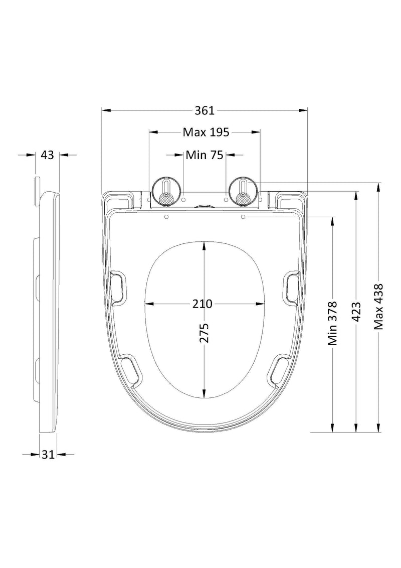 Nuie White Round Soft Close Toilet Seat with Top Fix Hinge for Freya (NCG399) line drawing