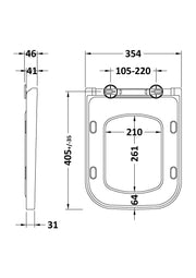 Nuie White Square Soft Close Toilet Seat with Quick Release Hinge for Ava (NCG496) line drawing