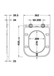 Nuie White Square Soft Close Toilet Seat with Top Fix Hinge for Ava (NCG499) line drawing