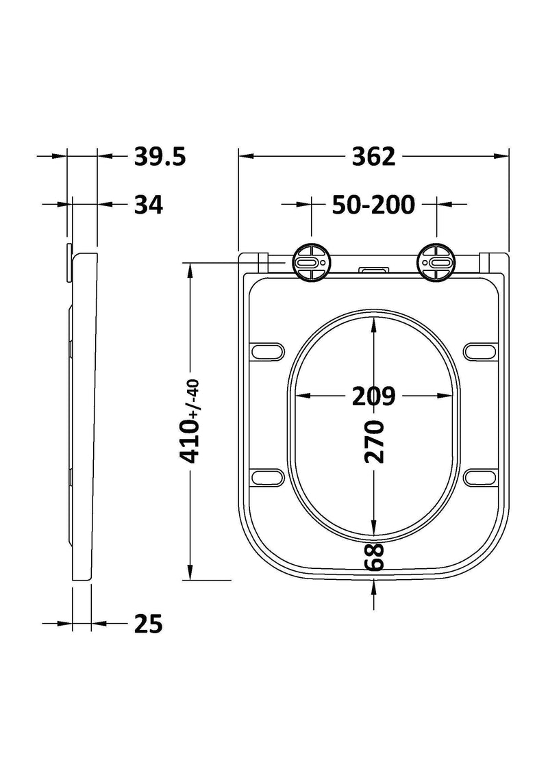 Nuie White Square Soft Close Toilet Seat with Top Fix Hinge for Ava (NCG499) line drawing