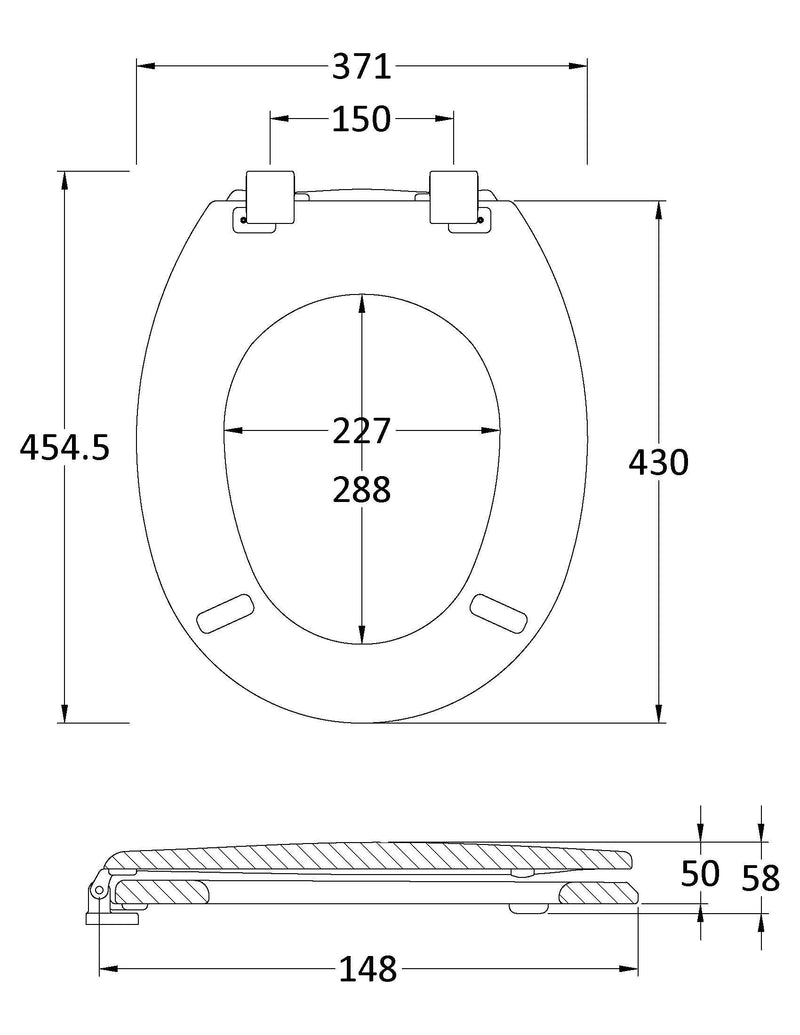 Nuie White Traditional Round Wooden Toilet Seat with Bottom Fix Hinge (NTS302) line drawing