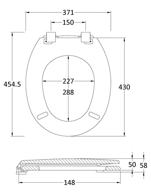Nuie White Traditional Round Wooden Toilet Seat with Bottom Fix Hinge (NTS302) line drawing