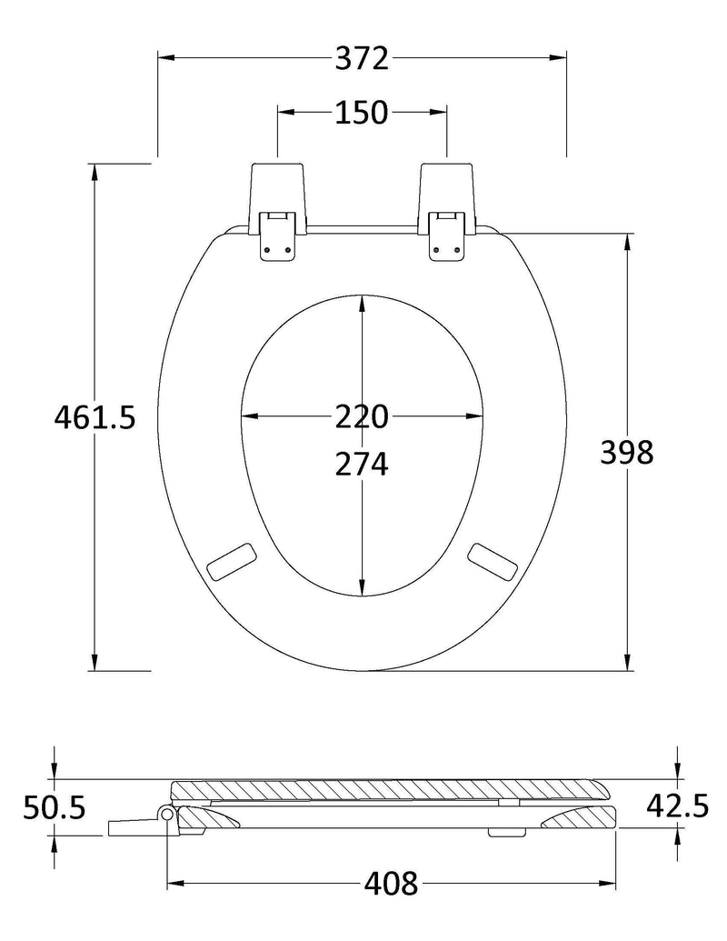 Nuie White Traditional Round Wooden Toilet Seat with Bottom Fix Hinge (NTS303) line drawing