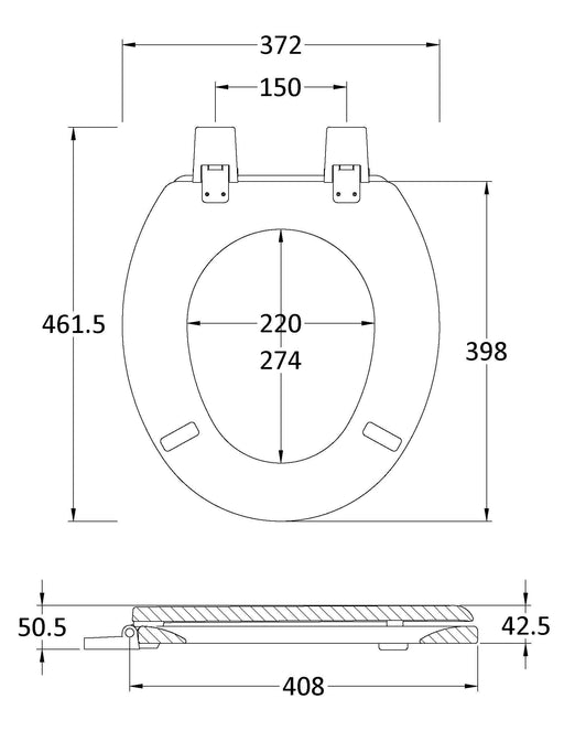 Nuie White Traditional Round Wooden Toilet Seat with Bottom Fix Hinge (NTS303) line drawing