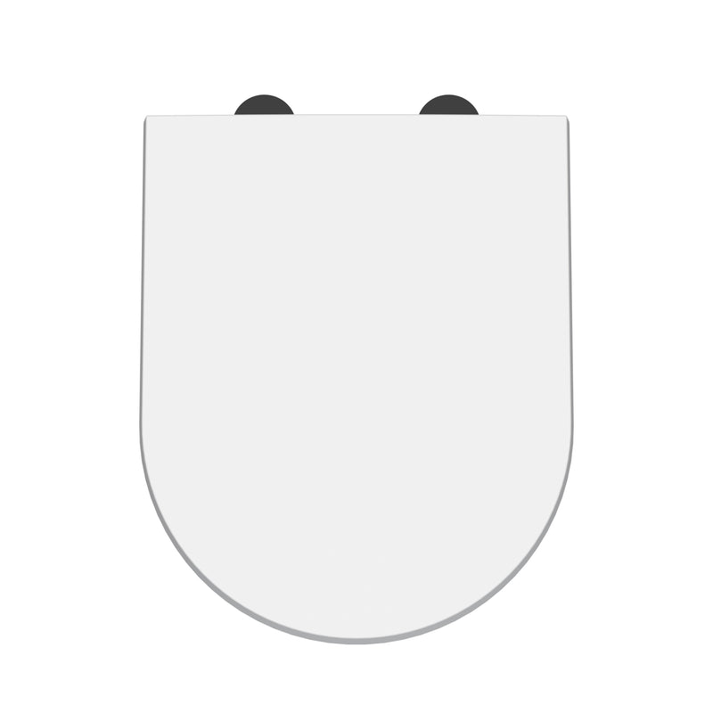 Nuie wide D shape soft close toilet seat with black cover caps