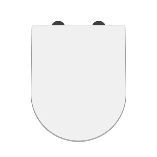 Nuie wide D shape soft close toilet seat with black cover caps