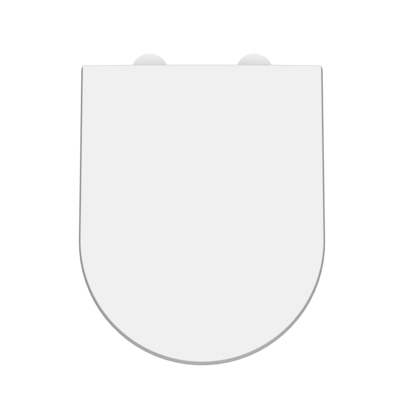 Nuie wide D shape soft close toilet seat with white cover caps