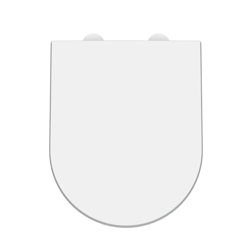 Nuie wide D shape soft close toilet seat with white cover caps