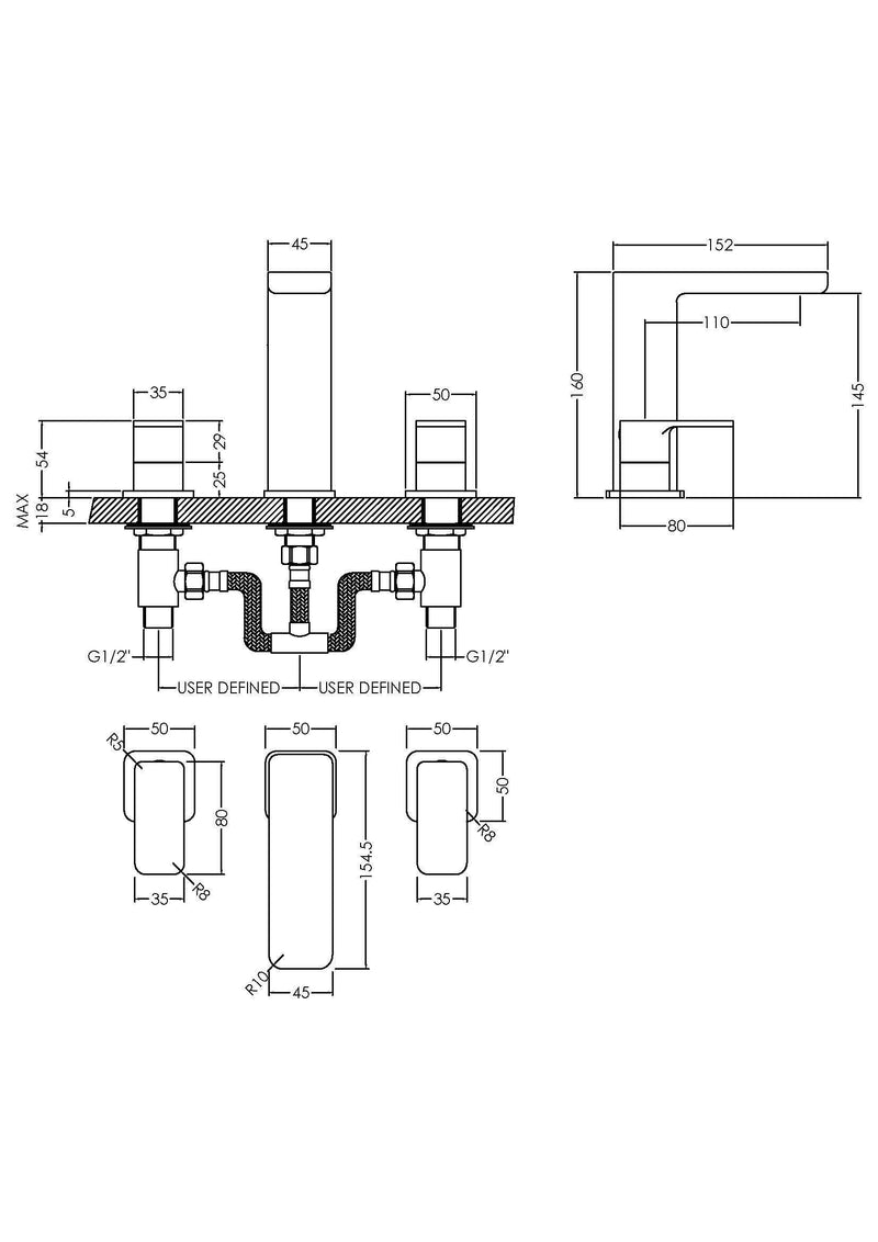 Nuie Windon Basin Mixer 3 Tap Hole Chrome dimensions diagram WIN337