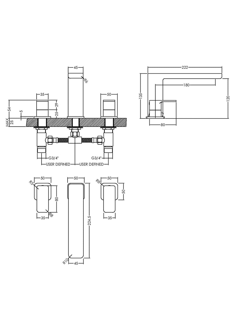 Nuie Windon Bath Filler 3 Tap Hole Chrome dimensions diagram WIN333