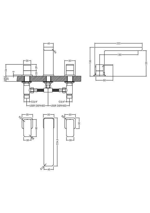 Nuie Windon Bath Filler 3 Tap Hole Chrome dimensions diagram WIN333