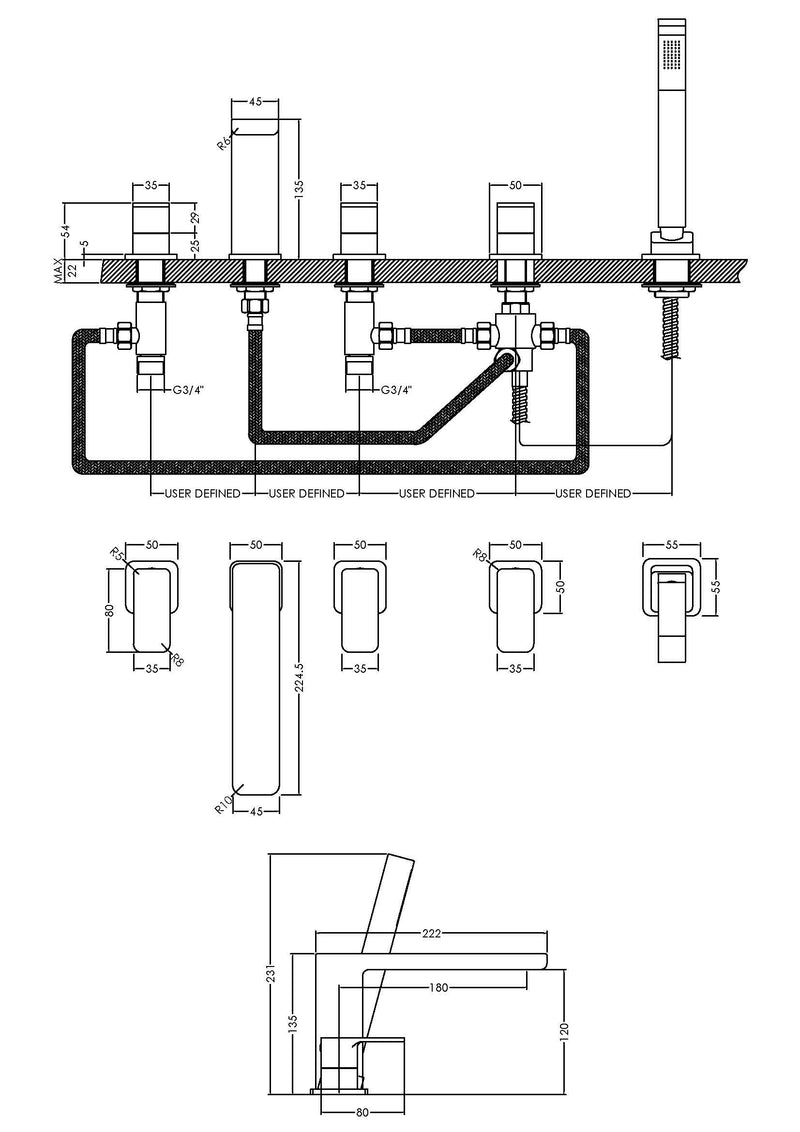 Nuie Windon Bath Shower Mixer 5 Tap Hole Chrome dimensions diagram WIN314
