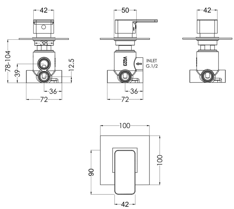Nuie Windon Concealed Diverter 2 3 4 Way Chrome dimensions diagram WINWD14
