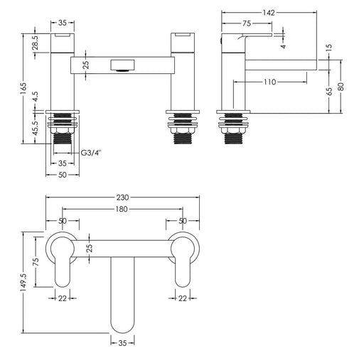 Nuie Windon Deck Mounted Bath Filler Brushed Pewter dimensions diagram WIN703