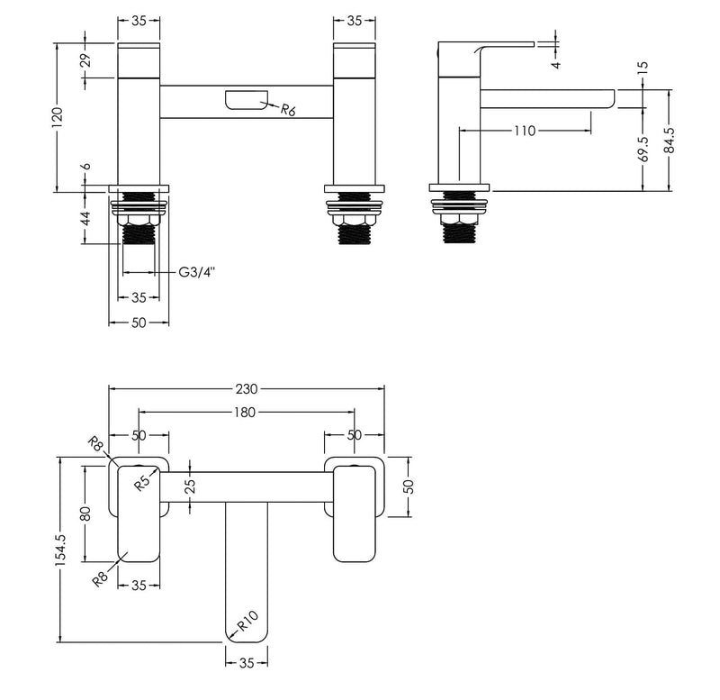 Nuie Windon Deck Mounted Bath Filler Matt Black dimensions diagram WIN403