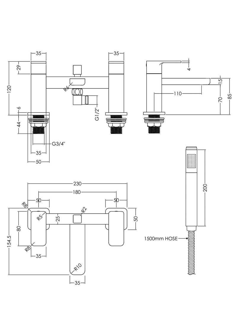 Nuie Windon Deck Mounted Bath Shower Mixer Chrome dimensions diagram WIN304