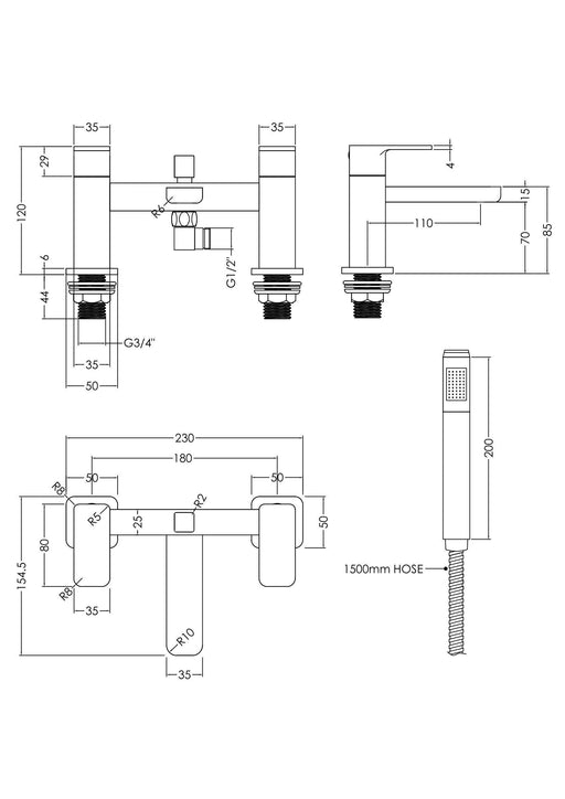 Nuie Windon Deck Mounted Bath Shower Mixer Chrome dimensions diagram WIN304