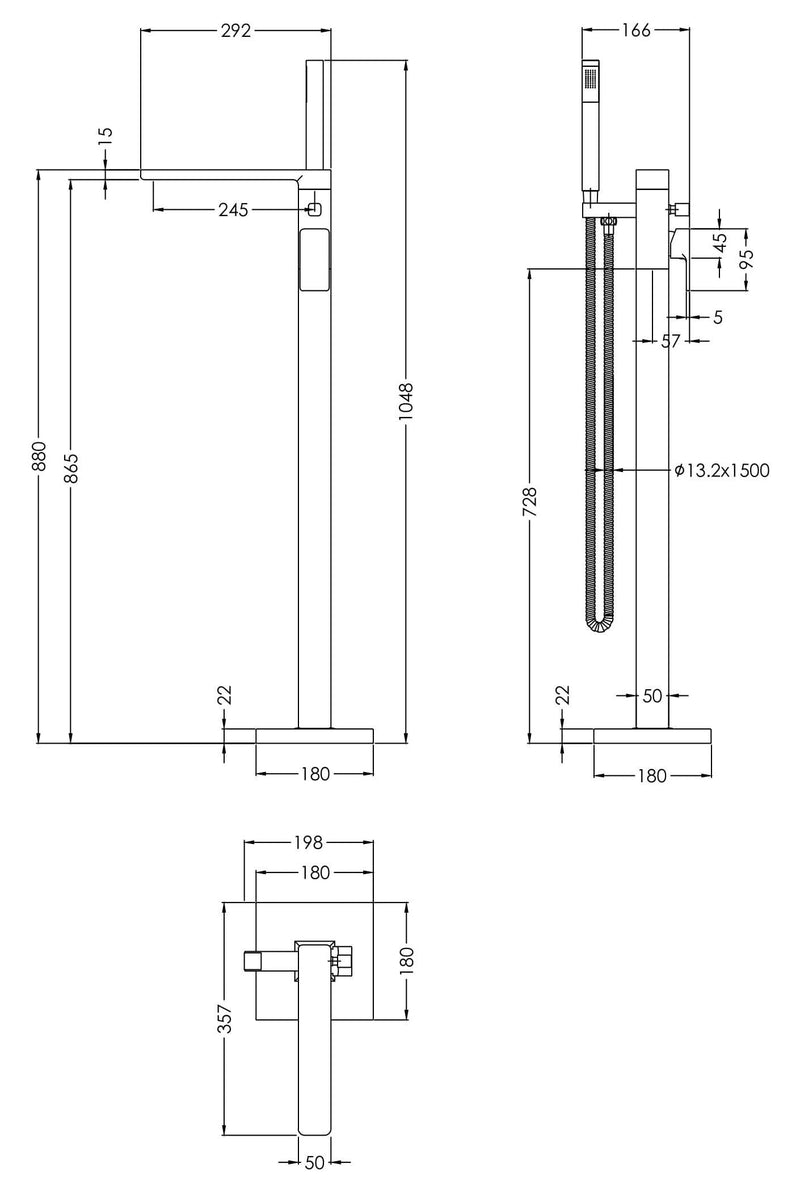 Nuie Windon Freestanding Bath Shower Mixer Matt Black dimensions diagram WIN421