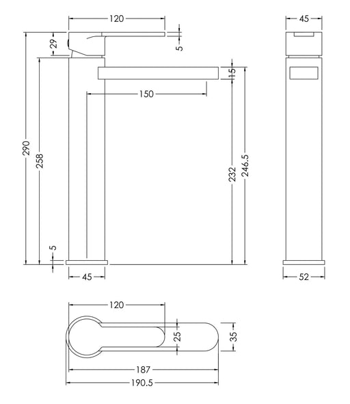 Nuie Windon High Rise Mono Basin Mixer Brushed Brass dimensions diagram WIN870